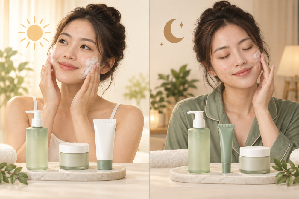 Minh họa quy trình chăm sóc da mụn buổi sáng và buổi tối
