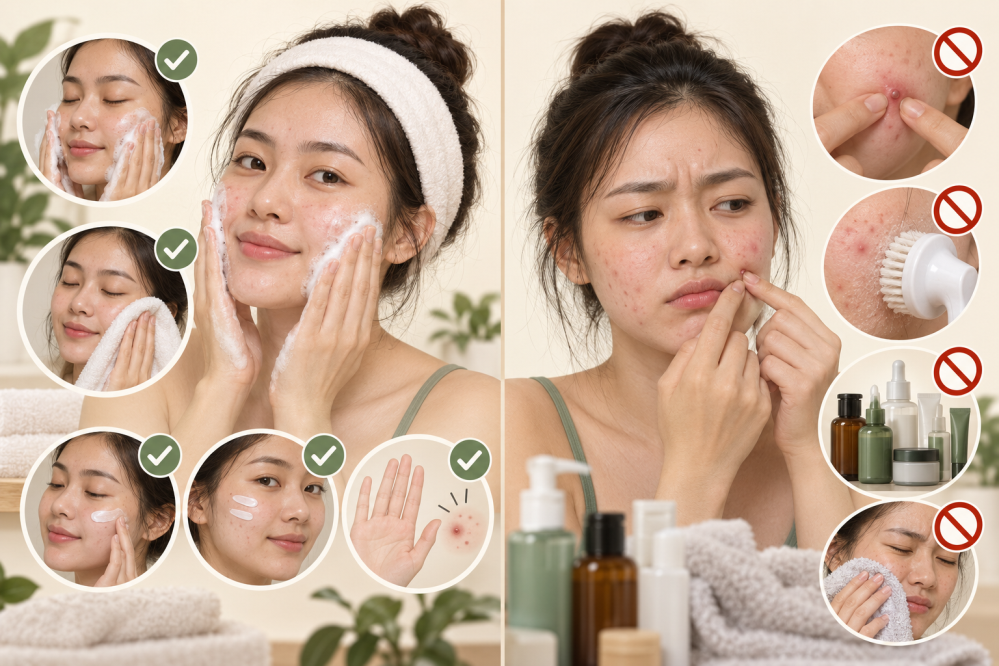 Minh họa những điều nên làm và không nên làm khi chăm sóc da mụn